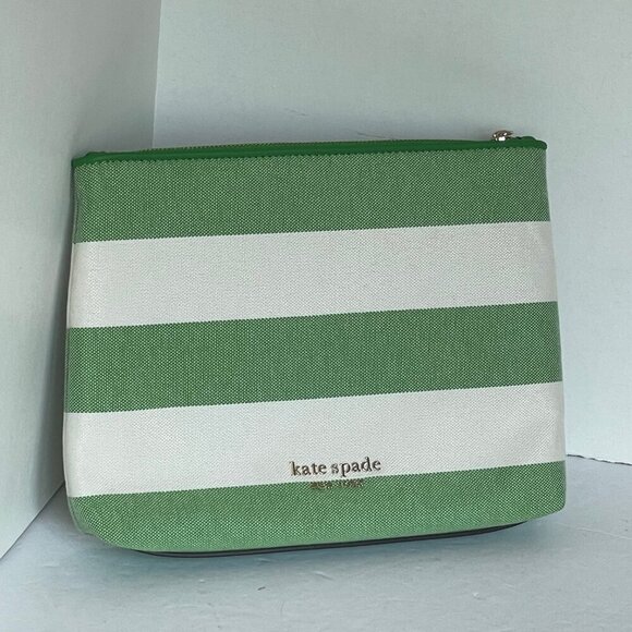 Kate Spade Cabana Green Stripe Pouch Medium Canvas Zip Clutch Cosmetic Bag - Picture 3 of 8